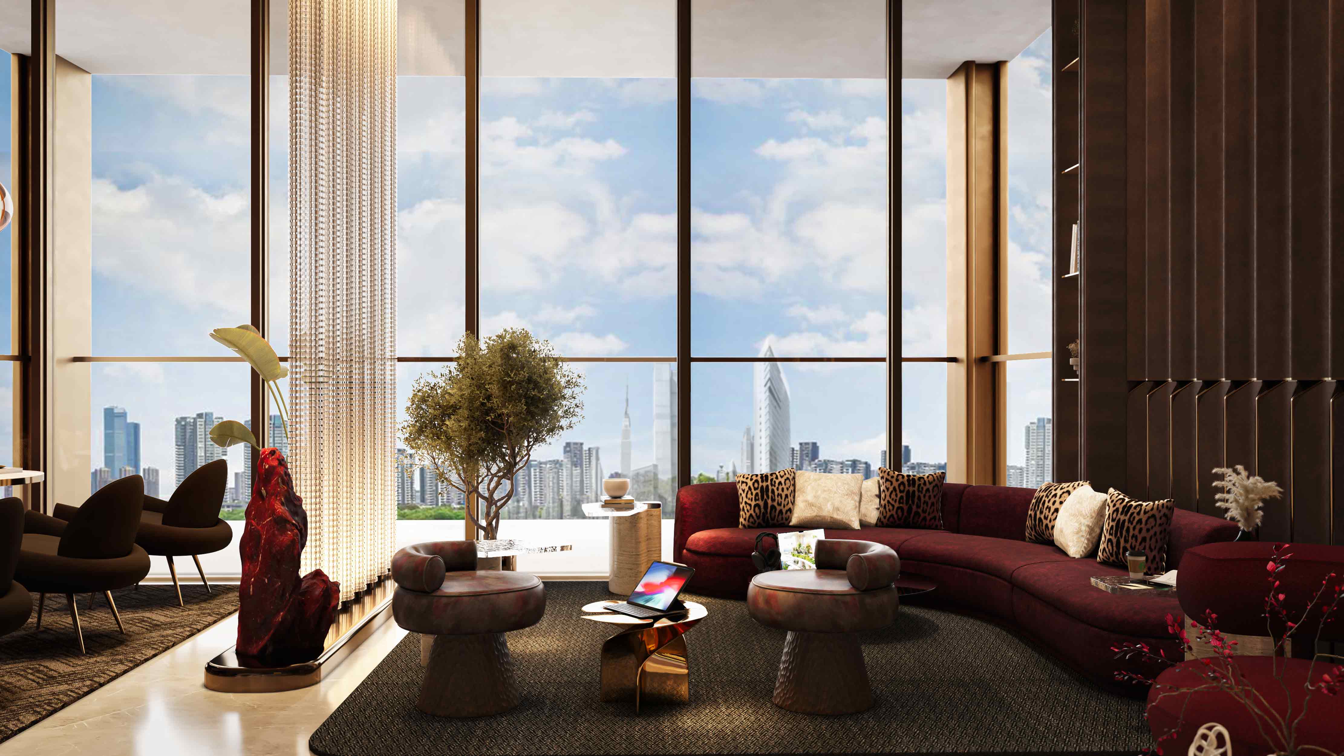 The Symphony By Imtiaz A modern living room featuring large windows, stylish furniture, and a view of a city skyline with greenery.